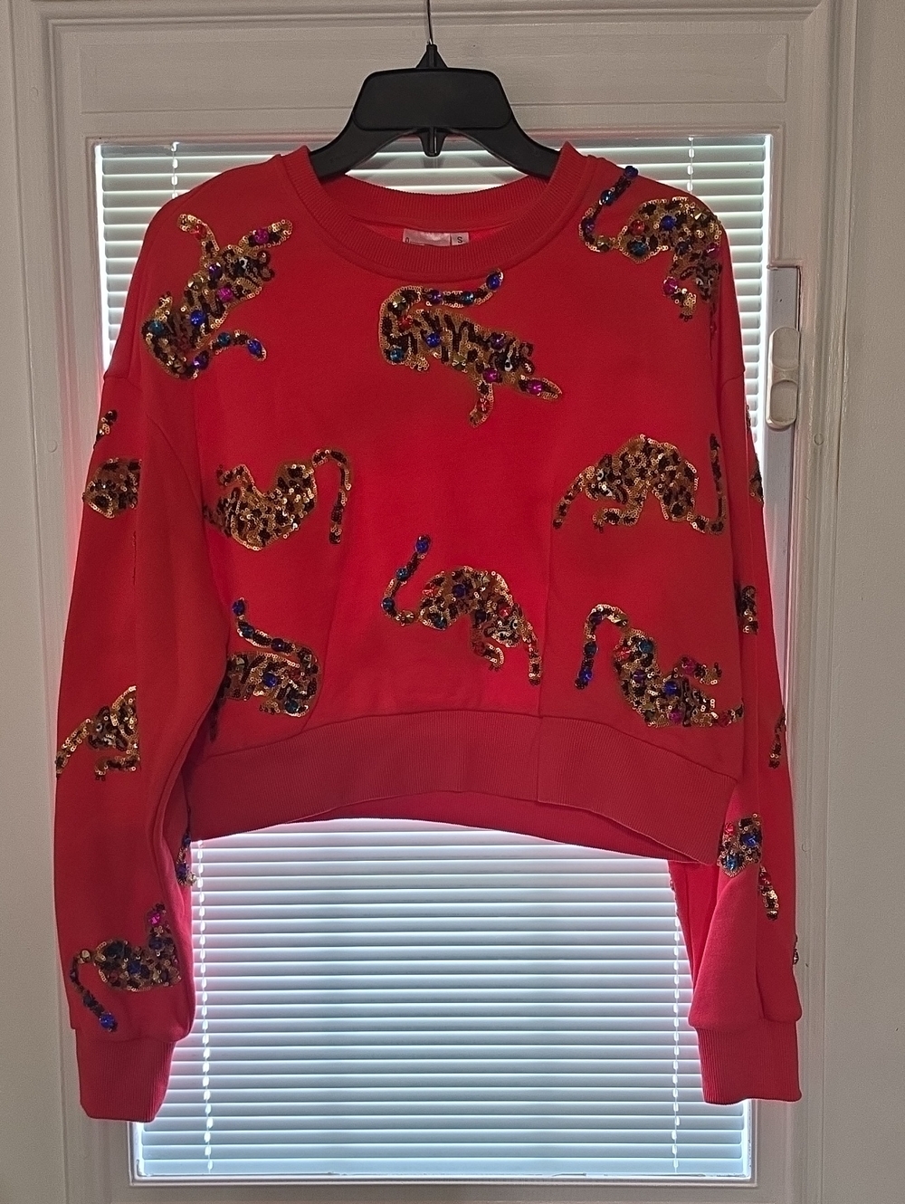 QUEEN OF SPARKLES Coral Sequin Leopard Cropped Sweatshirt
